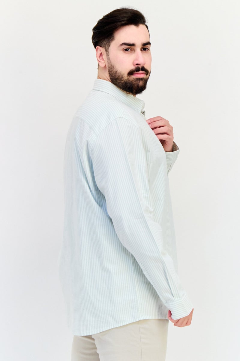 Celio Men Spread Collar Long Sleeve Stripe Casual Shirt, Light Green - Image 2