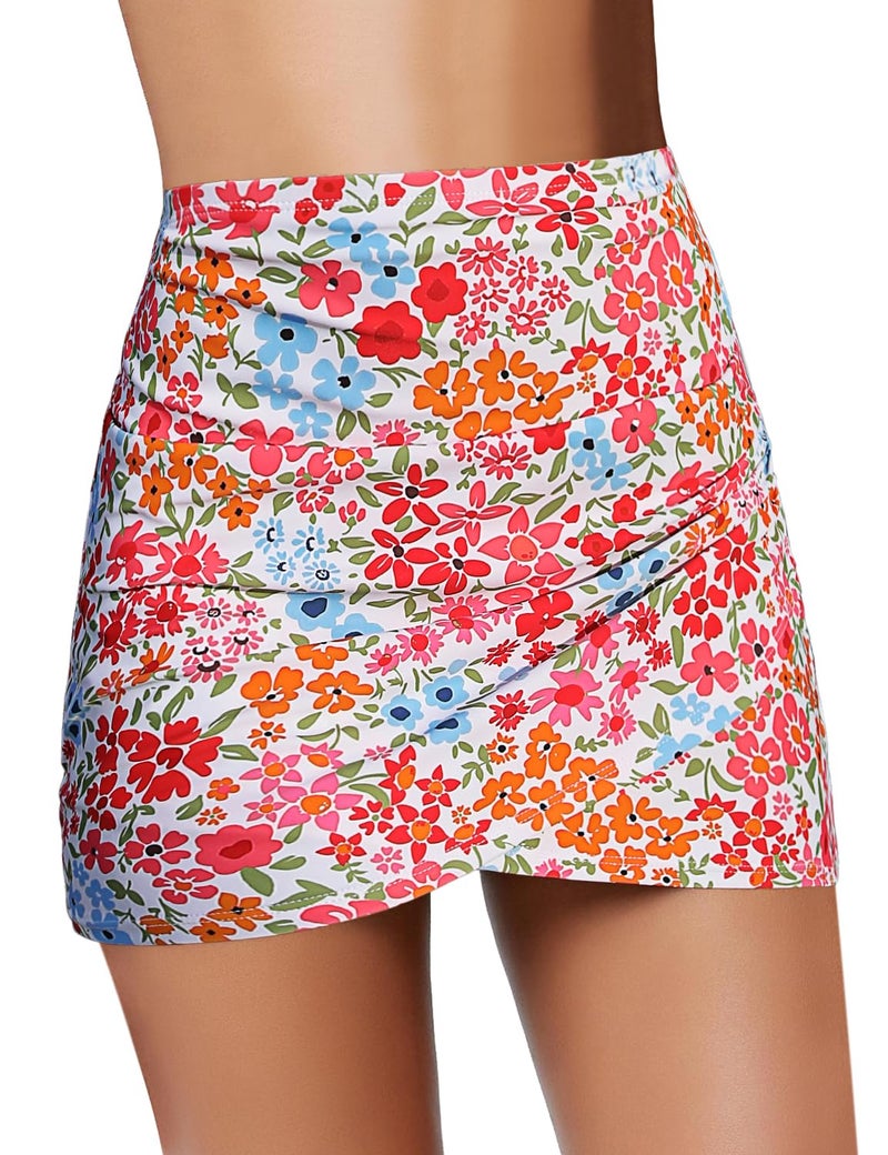 GRAPENT Women's High Waist Tulip Hem Shirring Womens Swim Skirt Swimsuit Bikini Bottom Skirted Tankini Bottom Blossom Size Medium US Size 8 to 10 - Image 1