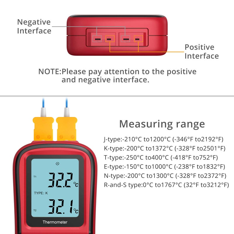 Kamtop Digital Thermometer, Dual Channel Thermometer with Two K Type Thermocouple Probes, High Temperature Meter Dual Measurement Meter Sensor Backlight LCD Thermometer for K/J/T/E/R/S/N Type - Image 5