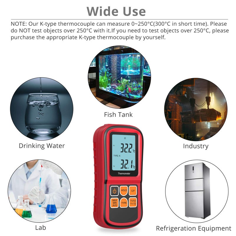 Kamtop Digital Thermometer, Dual Channel Thermometer with Two K Type Thermocouple Probes, High Temperature Meter Dual Measurement Meter Sensor Backlight LCD Thermometer for K/J/T/E/R/S/N Type - Image 4