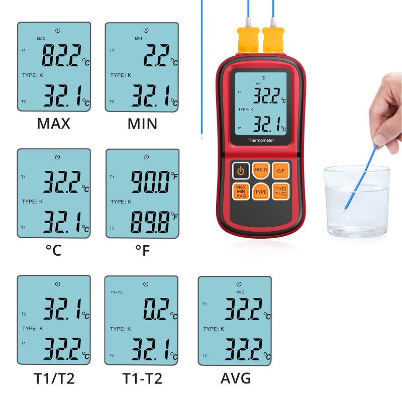 Kamtop Digital Thermometer, Dual Channel Thermometer with Two K Type Thermocouple Probes, High Temperature Meter Dual Measurement Meter Sensor Backlight LCD Thermometer for K/J/T/E/R/S/N Type - Image 3