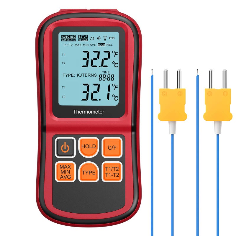 Kamtop Digital Thermometer, Dual Channel Thermometer with Two K Type Thermocouple Probes, High Temperature Meter Dual Measurement Meter Sensor Backlight LCD Thermometer for K/J/T/E/R/S/N Type - Image 1