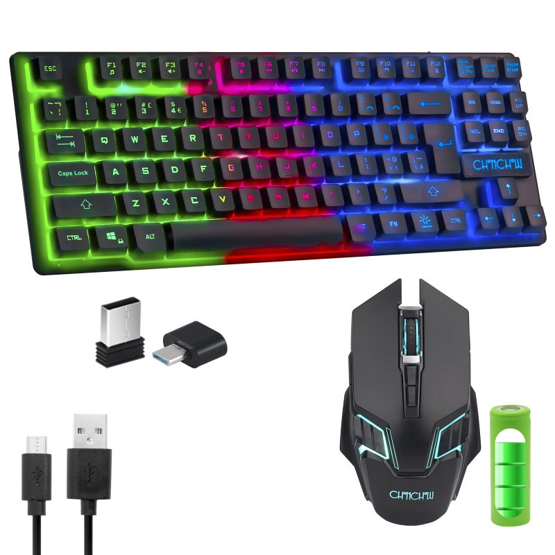 Gaming Wireless TKL Keyboard Mouse Combo Rechargeable LED Backlit Tenkeyless Compact 87 Keys 6 Button for Computer Laptop PS4 PS5 Switch Compatible with Windows XP7810 iMac MacBook Xbox one X