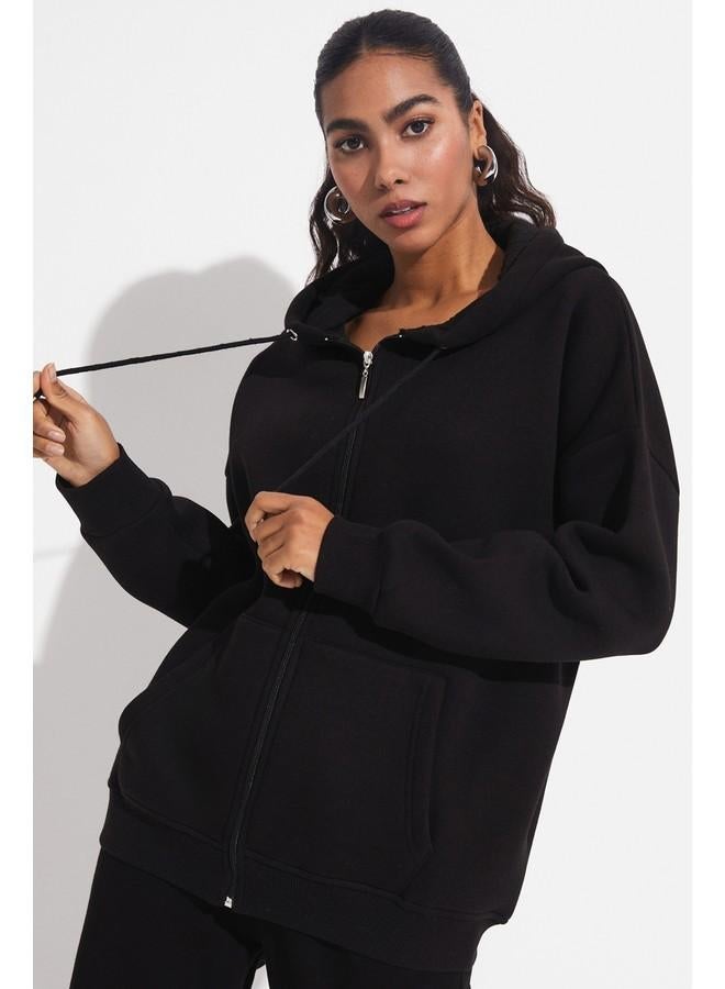 June Basic Front Zipper Hooded Thick Sweatshirt Black - Image 3