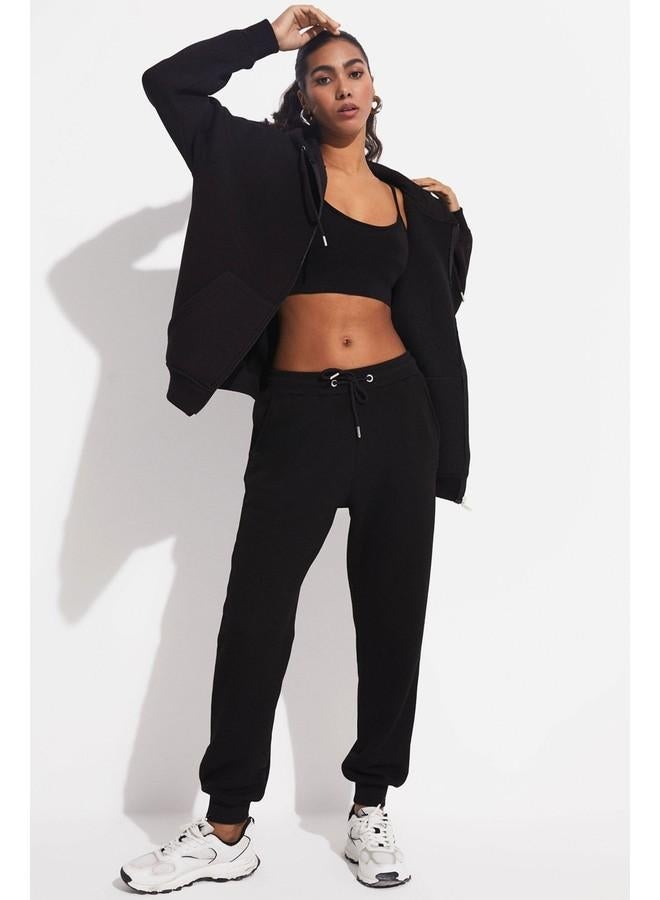 June Basic Front Zipper Hooded Thick Sweatshirt Black - Image 1