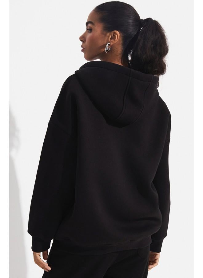 June Basic Front Zipper Hooded Thick Sweatshirt Black - Image 5