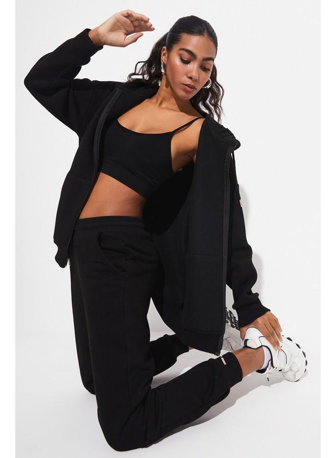 June Basic Front Zipper Hooded Thick Sweatshirt Black - Image 2