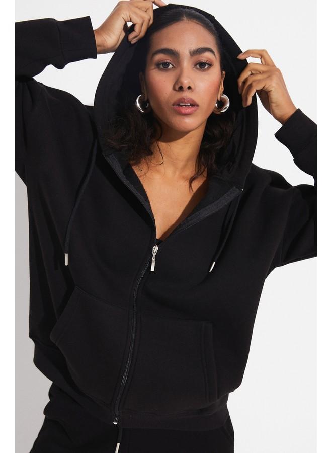 June Basic Front Zipper Hooded Thick Sweatshirt Black - Image 4