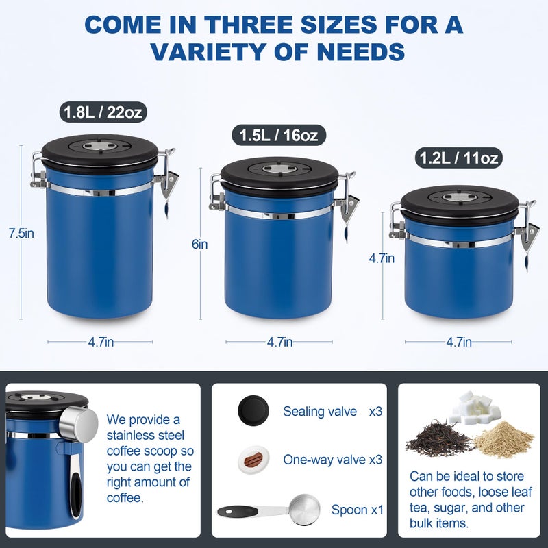 ShanSon Coffee Canister Airtight Coffee Container Stainless Steel Coffee Bean Storage Container with Scoop Coffee Canister for Beans Grounds Sugar Flour Tea Cereal,16OZ,Blue - Image 3