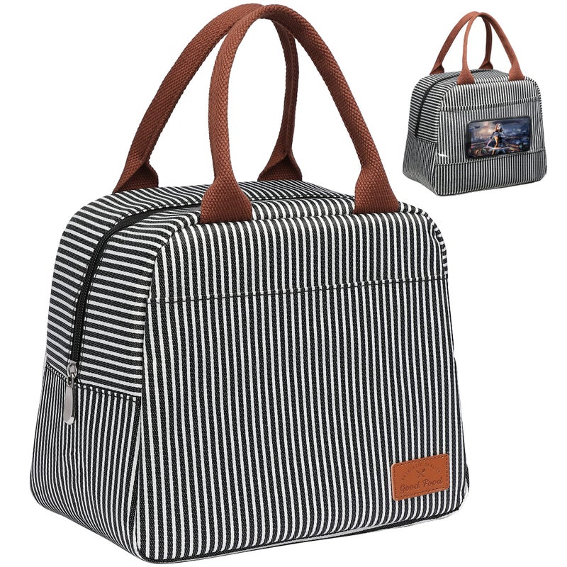 Bagseri Insulated Lunch Bag Women  Lunch Bag for Women Men Reusable Lunch Box Leakproof Thermal Cooler Sack Food Handbags Case High Capacity for Work and Picnic Black White Stripe