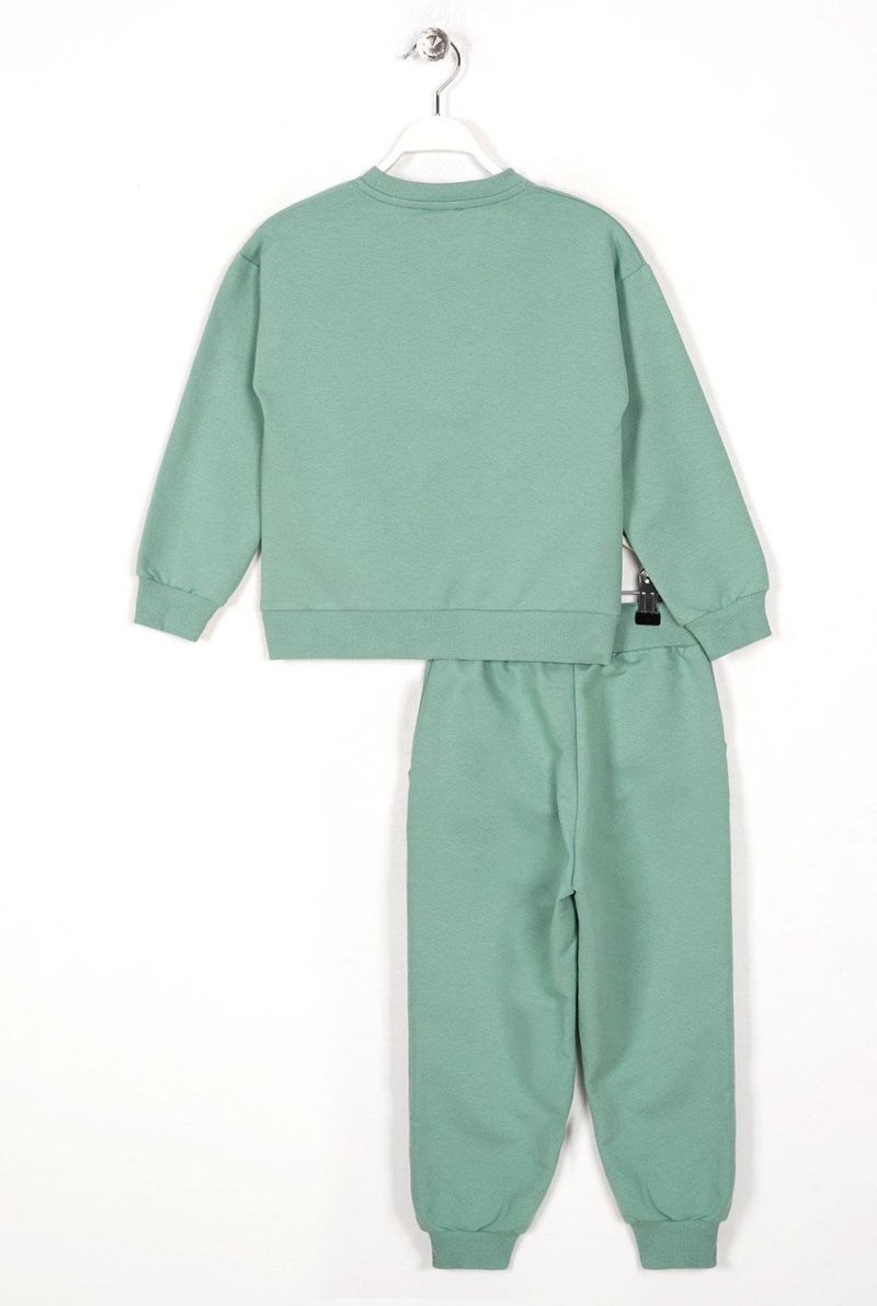 Zepkids Crew Neck Long Sleeve Cagla Green Color Girl's Two Piece Set  - Image 2