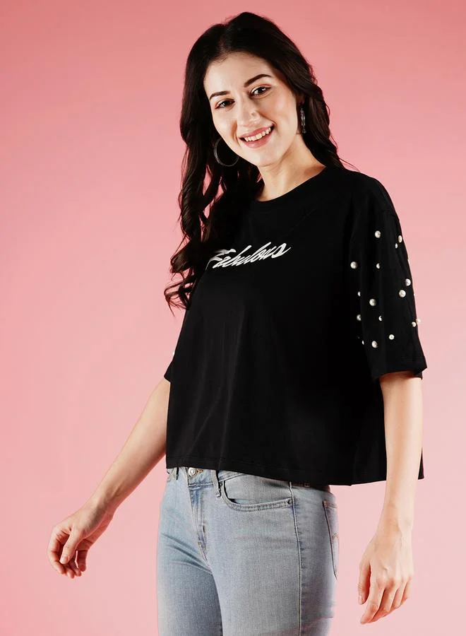 globus Black Studded Slogan Print Boxy T-Shirt