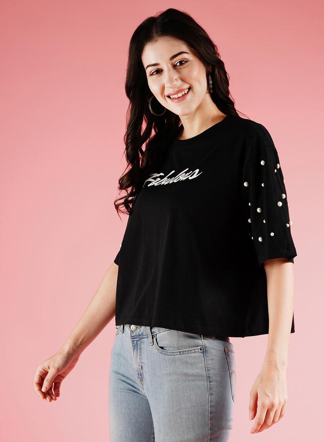 globus Black Studded Slogan Print Boxy T-Shirt - Image 2