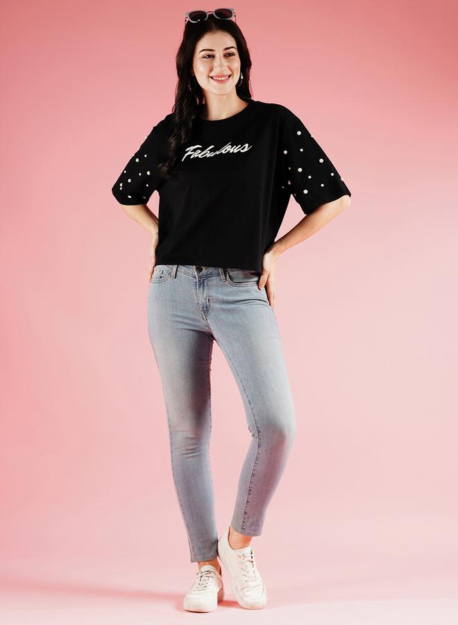 globus Black Studded Slogan Print Boxy T-Shirt - Image 5