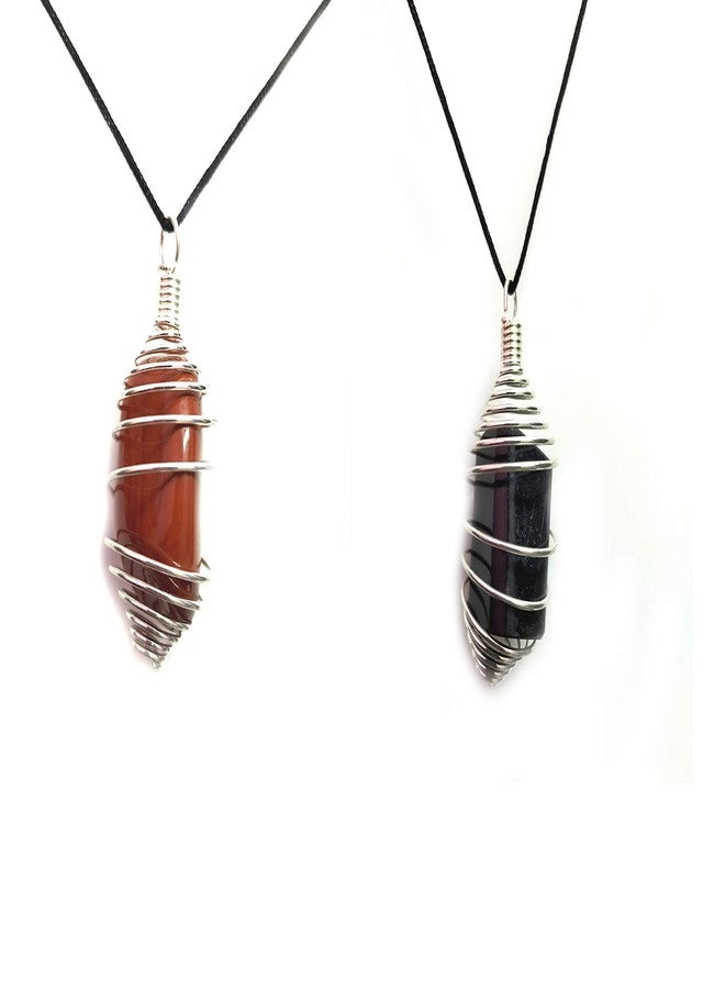 ASTROGHAR Natural Black Tourmaline And Red Jasper Tumbled Wire Wrapped Cage Pendant For Men And Women