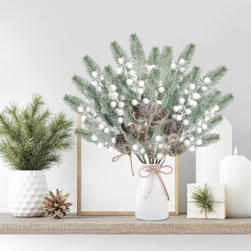 Sggvecsy 6 Pack White Berry Pine Branches with Pine Cones for Xmas Tree Wreath DIY Craft Floral Arrangement Holiday Decor - Image 4