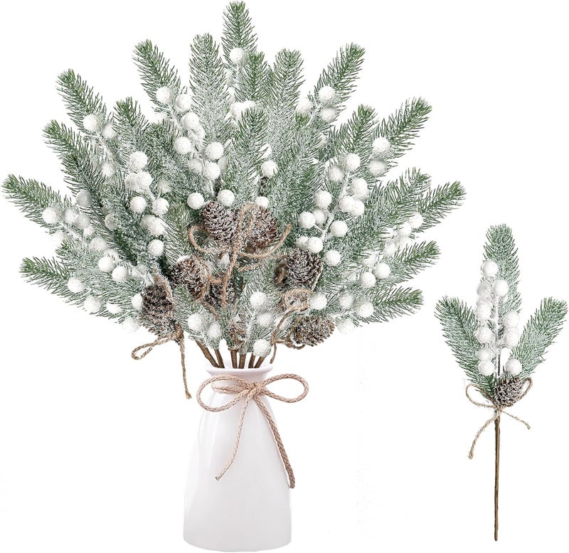 Sggvecsy 6 Pack White Berry Pine Branches with Pine Cones for Xmas Tree Wreath DIY Craft Floral Arrangement Holiday Decor - Image 1