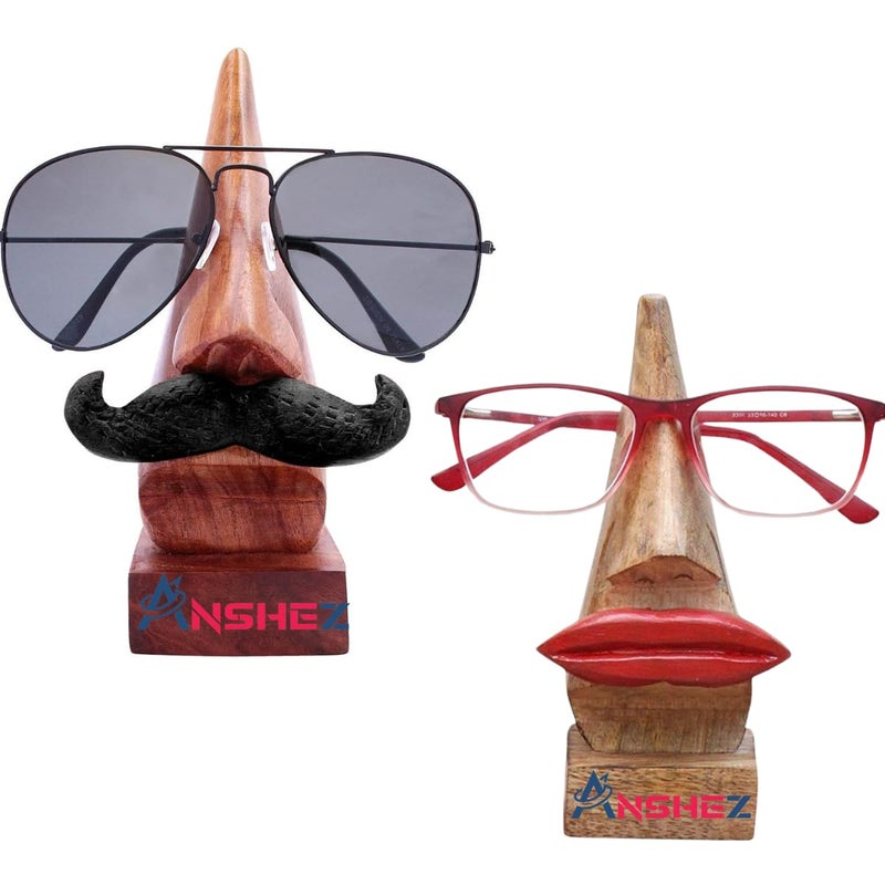 ANSHEZ Wooden Brown Handcrafted Nose Shaped Goggle SpectacleSpecs Holder Eye Glass Holder Stand Wooden Sunglasses Holder Black Mustache and Red Lips - Image 1