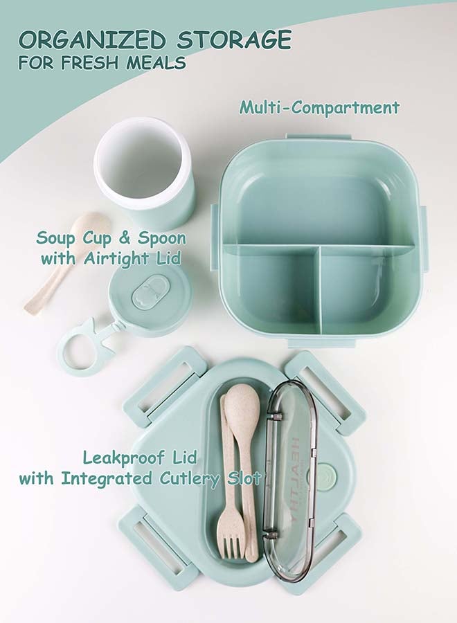 توشيونيكس مجموعة صندوق غداء بينتو بلاستيكي محمول بسعة 1300 لتر مع كوب حساء سعة 330 مل وشوكة وفتحة أدوات مائدة مدمجة على الغطاء، حاوية طعام بثلاثة أقسام - آمنة للاستخدام في الفريزر وغسالة الأطباق والميكروويف، صندوق طعام مانع للتسرب ومحكم الإغلاق مع ثلاثة أقسام، خالٍ من مادة BPA، خفيف الوزن، متين وقابل لإعادة التدوير للبالغين والأطفال - مثالي للاستخدام في المنزل والمكتب والسفر ومراكز الرعاية النهارية ومرحلة ما قبل المدرسة وصندوق غداء العودة إلى المدرسة - 17 × 17 × 6 سم - Image 2