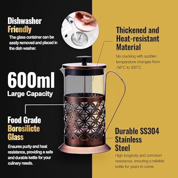 UPSCALE French Press Coffee And Tea Maker Coffee Plunger Brewer Coffee Maker Pot 4 Part Filtration Metallic Body Borosilicate Glass With 2 Extra Spare Filter And 1 Coffee Spoon Large600Ml - Image 5