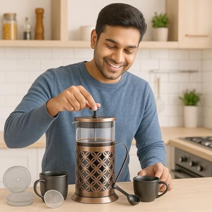 UPSCALE French Press Coffee And Tea Maker Coffee Plunger Brewer Coffee Maker Pot 4 Part Filtration Metallic Body Borosilicate Glass With 2 Extra Spare Filter And 1 Coffee Spoon Large600Ml - Image 2