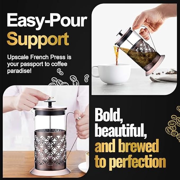 UPSCALE French Press Coffee And Tea Maker Coffee Plunger Brewer Coffee Maker Pot 4 Part Filtration Metallic Body Borosilicate Glass With 2 Extra Spare Filter And 1 Coffee Spoon Large600Ml - Image 4