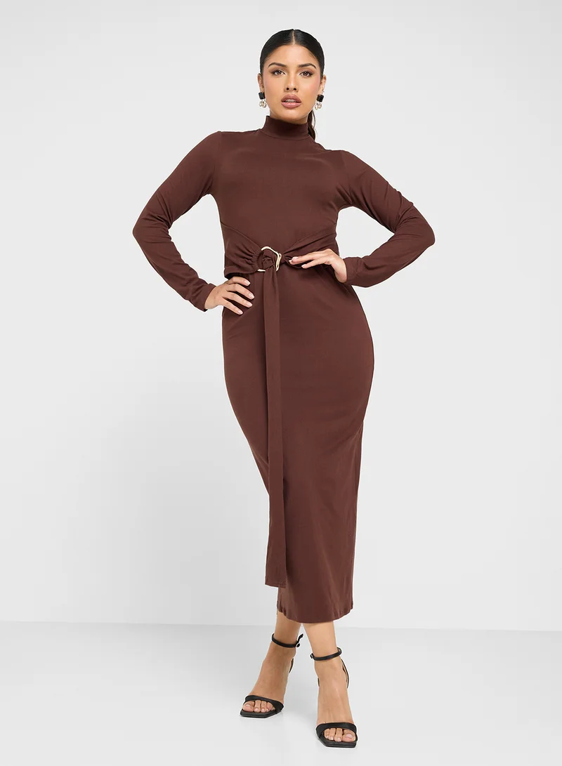 ELLA Belted Turtleneck Maxi Dress