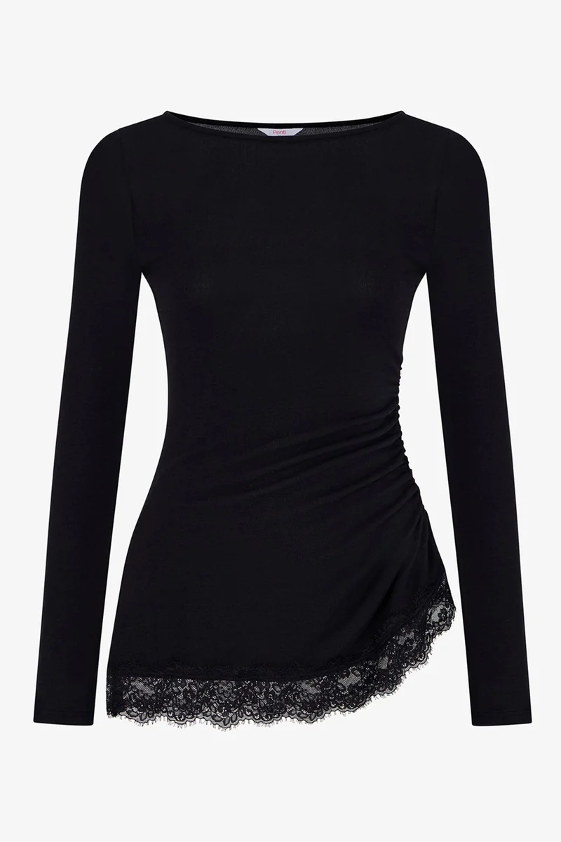 بنتي PENTI Asymmetric Lace-Detail Long-Sleeve Blouse