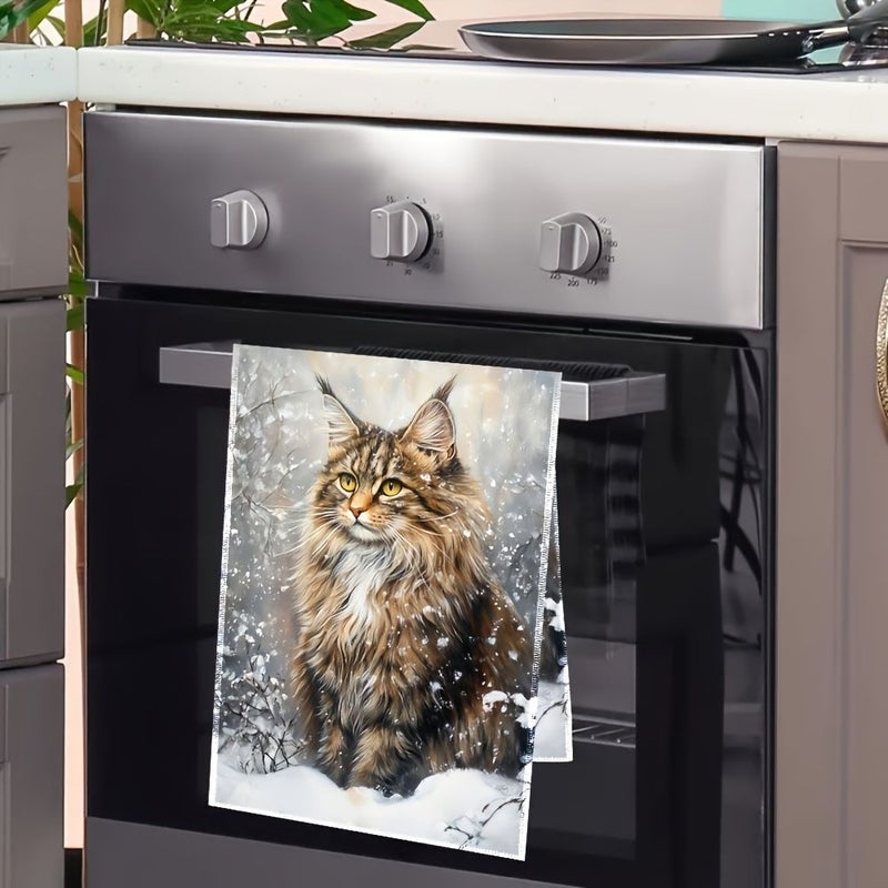Vintage Maine Coon Cat Kitchen Towels 2pcs Polyester Fabric Decorative Napkins Cartoon Themed Christmas Tea Towels Machine Washable Colorfast Suitable For Cooking Baking And Hosting - Image 1