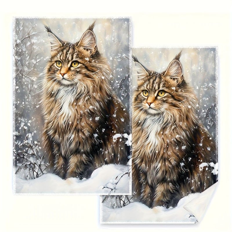 Vintage Maine Coon Cat Kitchen Towels 2pcs Polyester Fabric Decorative Napkins Cartoon Themed Christmas Tea Towels Machine Washable Colorfast Suitable For Cooking Baking And Hosting - Image 2