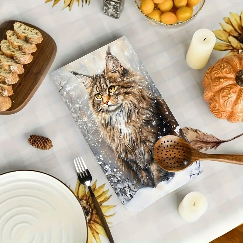 Vintage Maine Coon Cat Kitchen Towels 2pcs Polyester Fabric Decorative Napkins Cartoon Themed Christmas Tea Towels Machine Washable Colorfast Suitable For Cooking Baking And Hosting - Image 5
