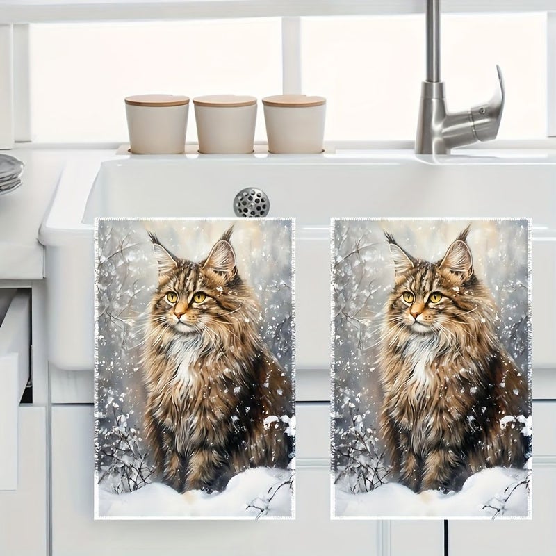 Vintage Maine Coon Cat Kitchen Towels 2pcs Polyester Fabric Decorative Napkins Cartoon Themed Christmas Tea Towels Machine Washable Colorfast Suitable For Cooking Baking And Hosting - Image 4