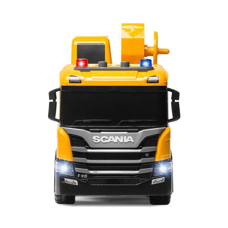 The Toys Home لعبة شاحنة رافعة البناء للأطفال سكانيا P410 مرخصة، شاحنة رافعة متنقلة ثقيلة صفراء وسوداء مع أضواء تعمل وذراع دوار، مجموعة لعب مركبة تعليمية للبناء - Image 3