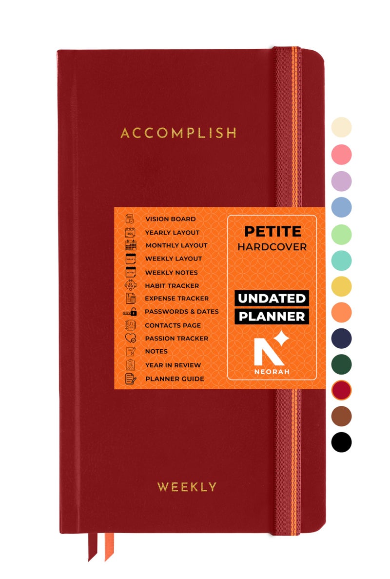 NEORAH — 2026 UNDATED ACCOMPLISH Petite Planner | Yearly view|12 Undated Months|54 Weekly Layouts + 54 Notes|12 Habit & Budget trackers|Gratitude|Passion|Password log|Few blank pages | Hardcover (RED) - Image 1
