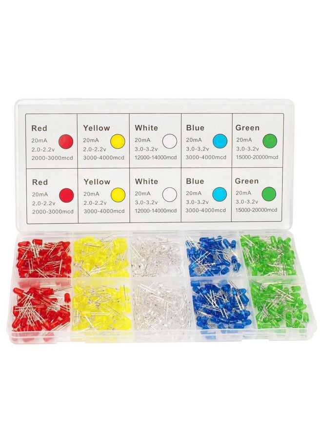 DiCUNO 450pcs (5 Colors x 90pcs) 5mm LED Light Emitting Diode Round Assorted Color White/Red/Yellow/Green/Blue Kit Box - Image 1