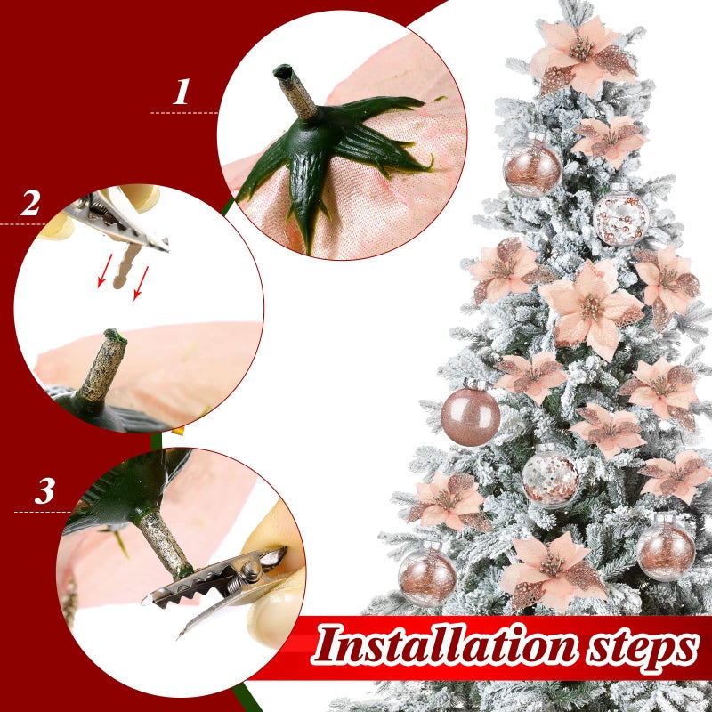 كانلير Canlierr 49 PCS Rose Gold Gold Tree Decoration Set Christmas Tree Topper Bow 24 PCS Christmas Glitter Poinsettia Flower - Image 5
