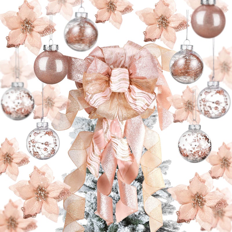 كانلير Canlierr 49 PCS Rose Gold Gold Tree Decoration Set Christmas Tree Topper Bow 24 PCS Christmas Glitter Poinsettia Flower - Image 2