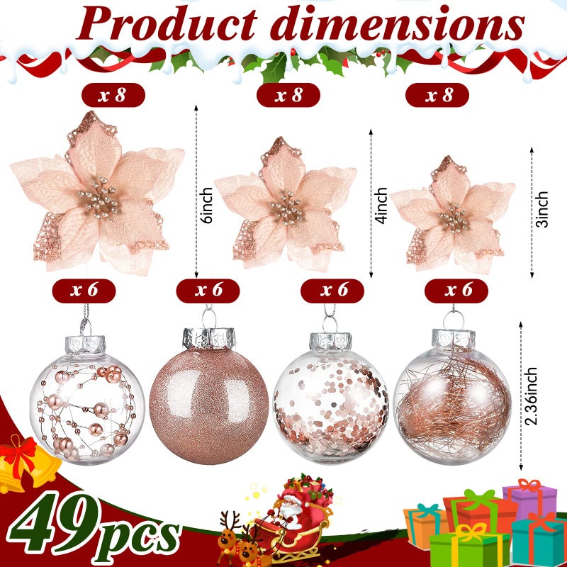 كانلير Canlierr 49 PCS Rose Gold Gold Tree Decoration Set Christmas Tree Topper Bow 24 PCS Christmas Glitter Poinsettia Flower - Image 4