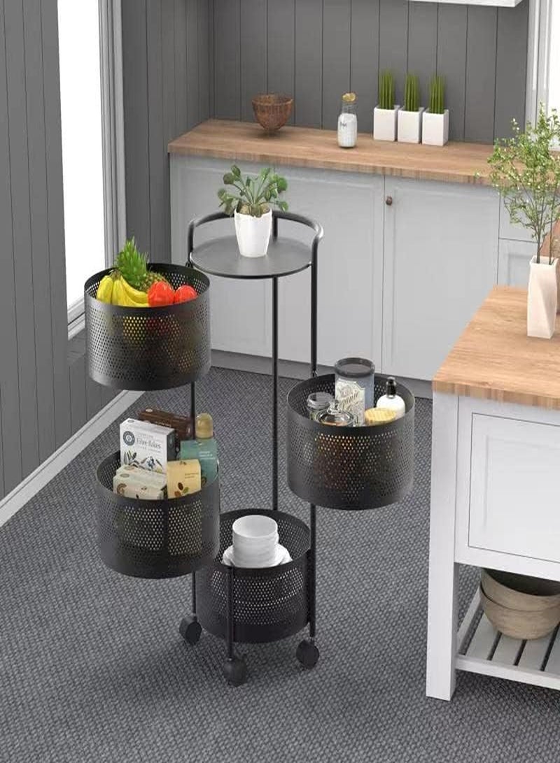 Rotating Kitchen Storage Rack No Assembly, 4-Tier Metal Storage Tower Basket Shelves Organizer on Rolling Wheels with Removal Drawers for Fruit Vegetable Grocery Corns Potato Onion (4-Tier, Black) - Image 3