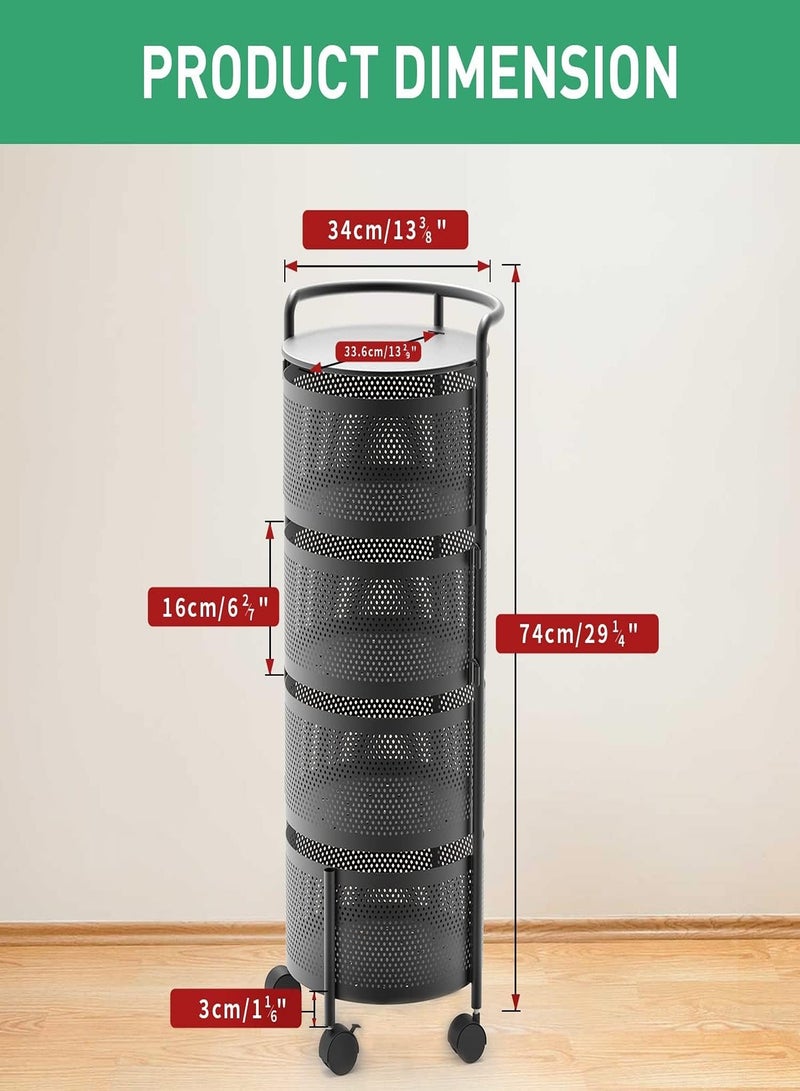 Rotating Kitchen Storage Rack No Assembly, 4-Tier Metal Storage Tower Basket Shelves Organizer on Rolling Wheels with Removal Drawers for Fruit Vegetable Grocery Corns Potato Onion (4-Tier, Black) - Image 5