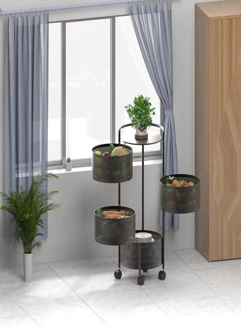 Rotating Kitchen Storage Rack No Assembly, 4-Tier Metal Storage Tower Basket Shelves Organizer on Rolling Wheels with Removal Drawers for Fruit Vegetable Grocery Corns Potato Onion (4-Tier, Black) - Image 2