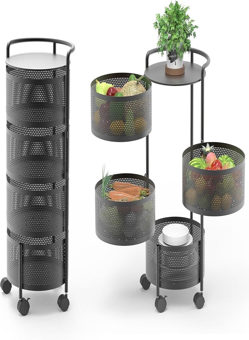 Rotating Kitchen Storage Rack No Assembly, 4-Tier Metal Storage Tower Basket Shelves Organizer on Rolling Wheels with Removal Drawers for Fruit Vegetable Grocery Corns Potato Onion (4-Tier, Black) - Image 1
