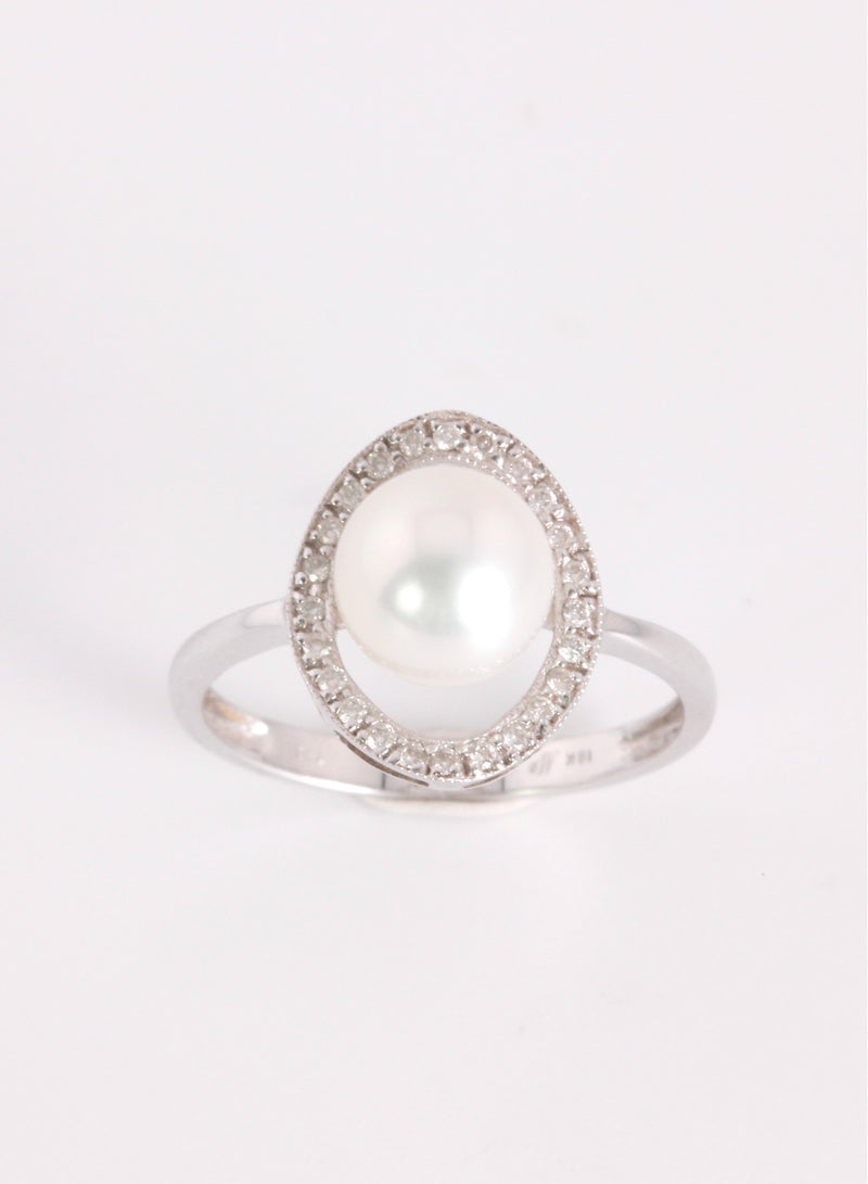 MIKURA Ring, Freshwater Pearls, A Quality, White Color, 8.0-7.5MM, 18KW, 24D-0.11Cts, G/H Color, VS Clarity  - Image 1