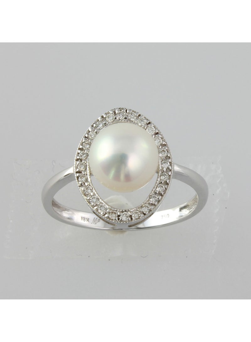 MIKURA Ring, Freshwater Pearls, A Quality, White Color, 8.0-7.5MM, 18KW, 24D-0.11Cts, G/H Color, VS Clarity  - Image 2