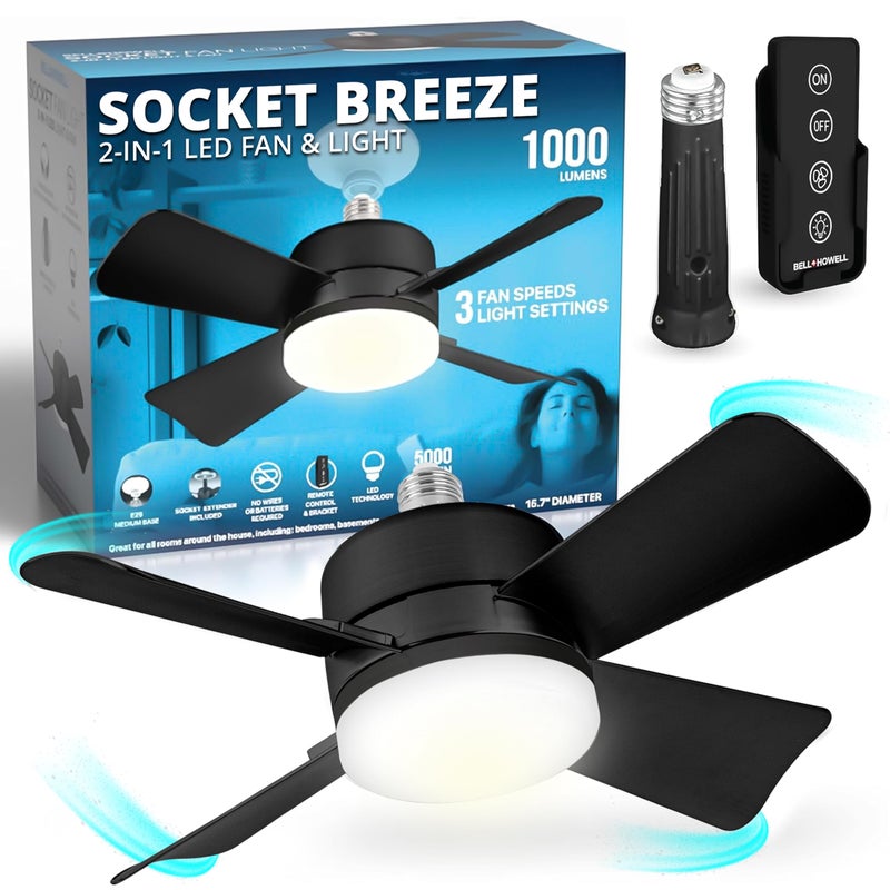 BellHowell Socket Breeze Socket Fan Light with Remote Portable Small Ceiling Fans with Lights for Bedroom Kitchen Living Room Ceiling Fan with Light 3500K 1000 Lumens Screws into E26E27