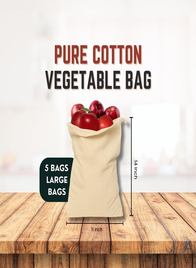 WANDF Cotton Muslin Fridge Storage Bags For Vegetables And Fruits Kitchen Washable, Reusable, Multipurpose Storage And Straining Bags (5 Large Bag) - Image 2
