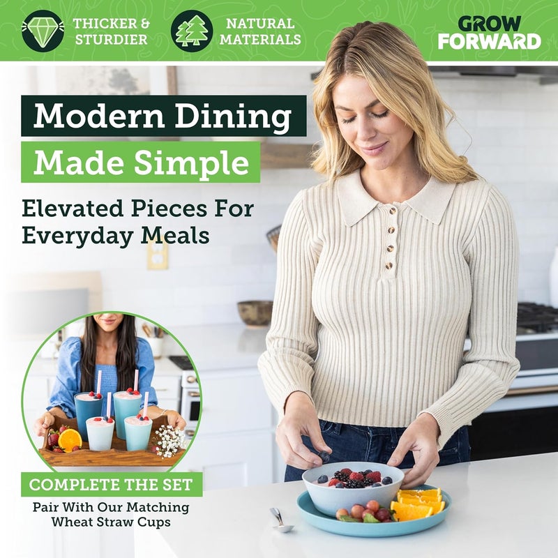 Grow Forward Premium Wheat Straw Plates and Bowls Sets - 8-Piece Wheat Straw Dinnerware Sets - Unbreakable & Reusable Microwave Safe Plastic Dinner Plates for Outdoors, RV, Camping Dishes - Seascape - Image 5