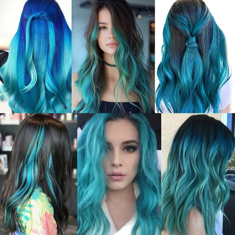 RINBOOOL Colored Hair Extensions Clip In for Kids Girls Women, Teal Blue 10 Pieces Rainbow Color, 22 Inch Long Straight Highlights Party, Synthetic - Image 5