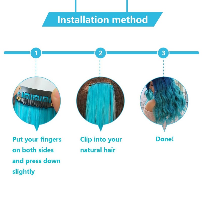 RINBOOOL Colored Hair Extensions Clip In for Kids Girls Women, Teal Blue 10 Pieces Rainbow Color, 22 Inch Long Straight Highlights Party, Synthetic - Image 4