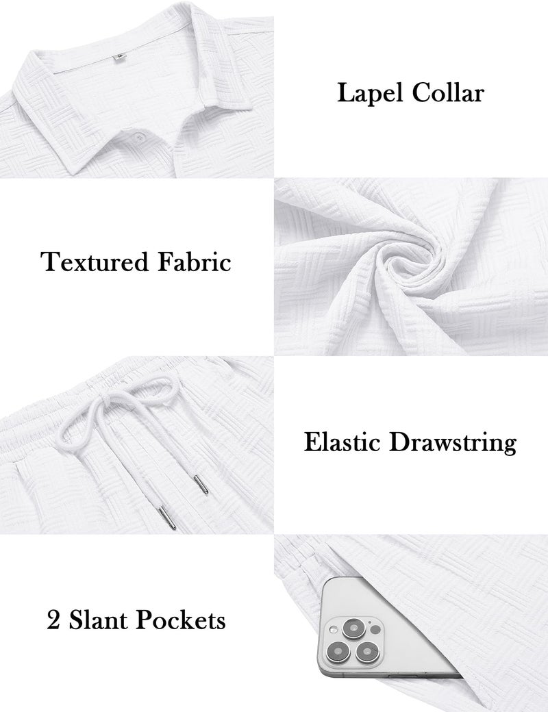 LecGee Mens Summer 2 Piece Outfits Set Solid Button Down Shirt & Drawstring Waist Pants Beach White Outfit for Men (White,Large) - Image 3